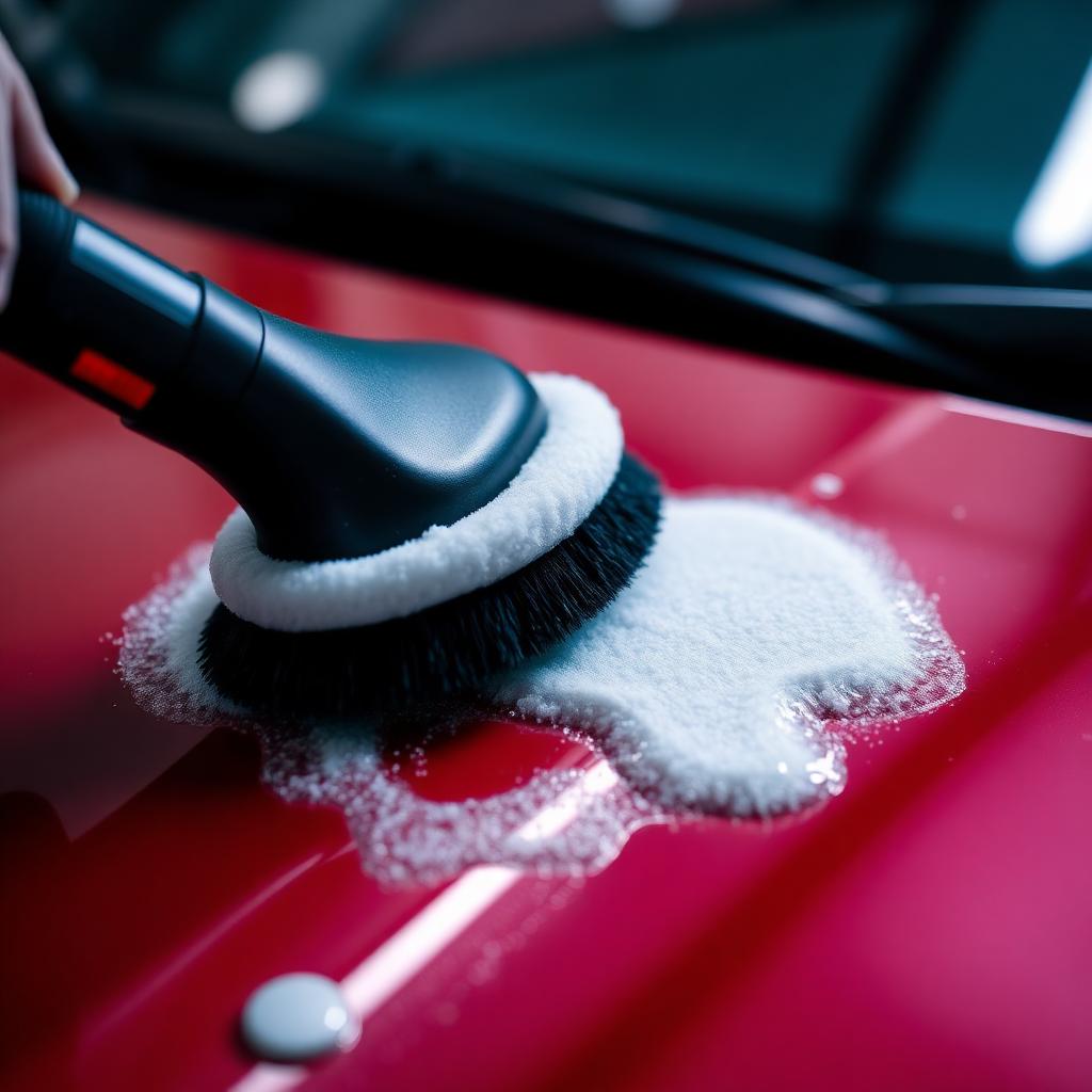 Microfiber buffer polishing a red hood